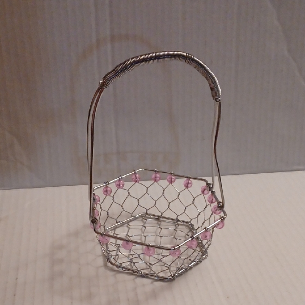 4/$40 Silver & Pink Beaded Wire Basket